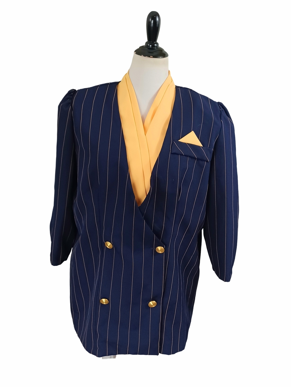 Navy Pinstripe Double-Breasted Blazer with Yellow Trim